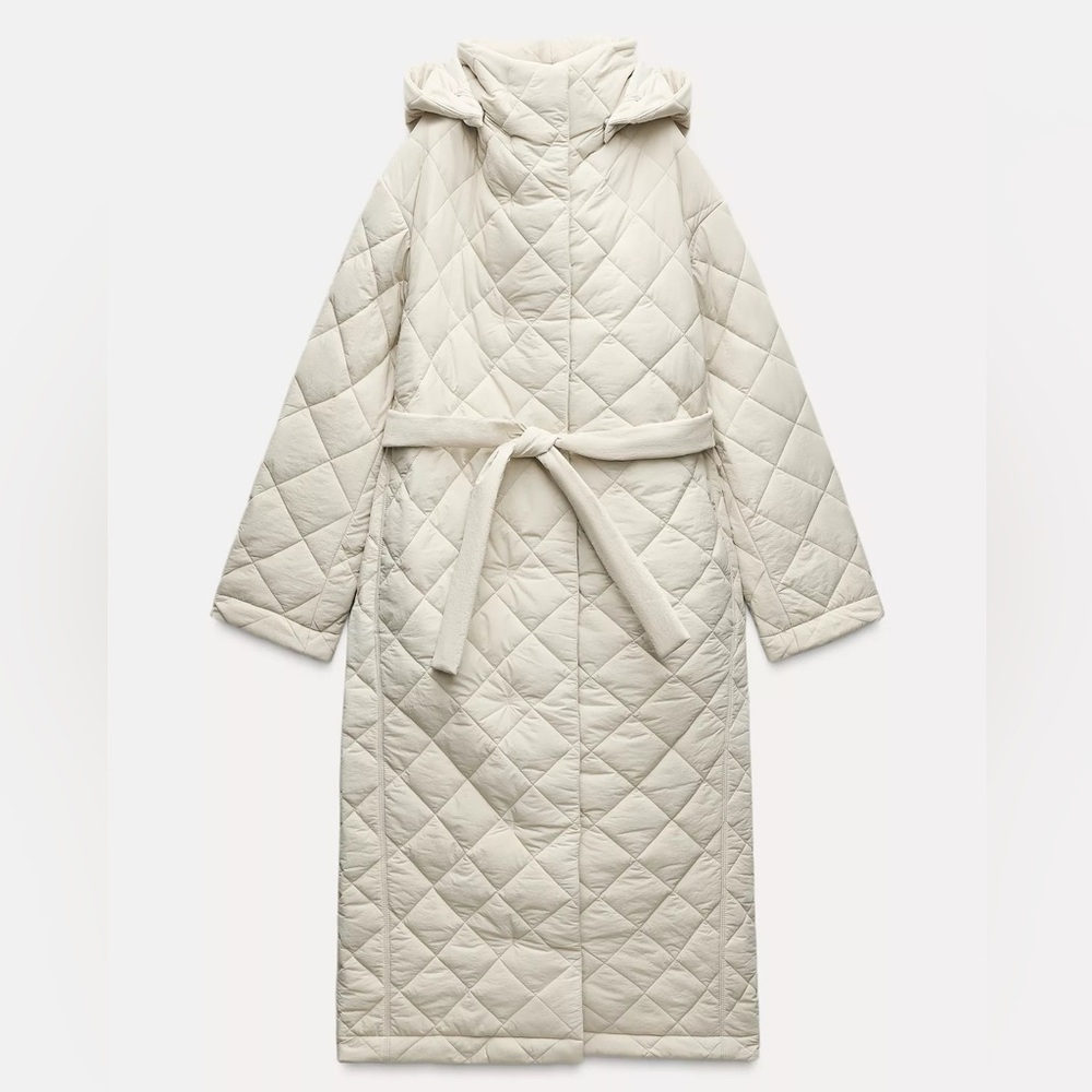 Zara Quilted Hooded Long Belted Coat - Cream